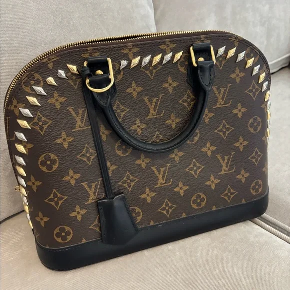 Louis Vuitton Studded Alma PM Brown and Black Monogram Satchel As Is - Picture 1 of 8